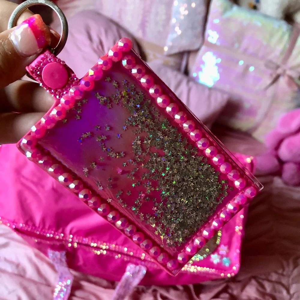 Pink Glitter ID badge Keychain with Stars